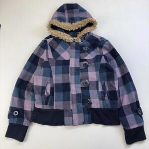 Y2K Deb Plaid Faux Fur Hood Jacket Womens’s Size Large